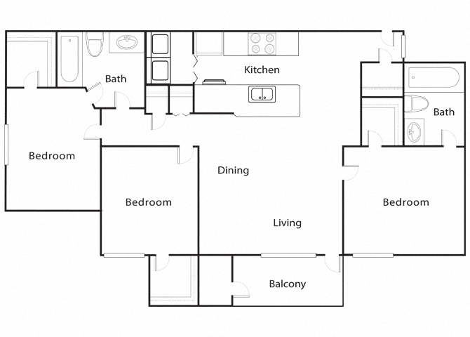 Floor plan for 3 beds, 2 baths, 1213 sqft